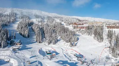 an aerial view of a ski resort in the snow at The White Pearl - Amazing Luxury Chalet with Mountain Views in Big White
