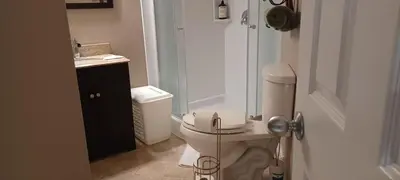 a bathroom with a toilet and a walk in shower at Mountain Calm & Private Ensuite Hosted by Maureen in Calgary