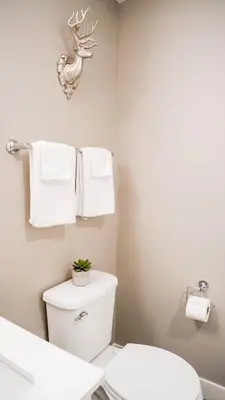 a bathroom with a white toilet and towels at The Revy Den by Revelstoke Vacations in Revelstoke
