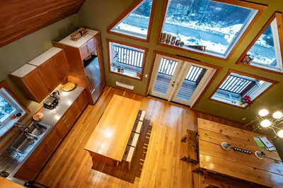 an overhead view of a kitchen with six windows at Stoke Cabin by Revelstoke Vacations in Revelstoke
