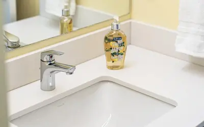 a bottle of soap sitting on a bathroom sink at Niska's Den by Revelstoke Vacations in Revelstoke