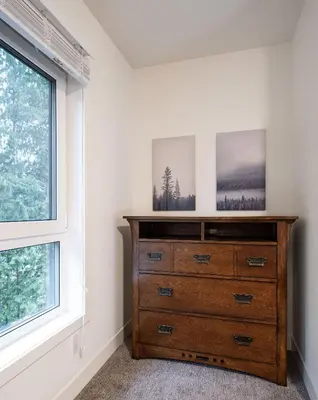 a bedroom with a dresser and two windows at Alpine Escape by Revelstoke Vacations in Revelstoke