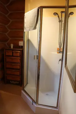 a shower with a glass enclosure in a bathroom at Bear Valley Highlands in Lumby