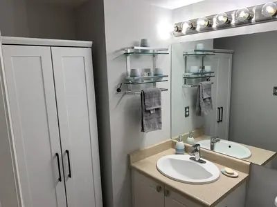 a bathroom with a sink and a mirror at Chris Cozy Condo Commonwealth #205 Edmonton in Edmonton