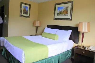 a large bed in a hotel room with two lamps at Acorn Motel in Grande Cache