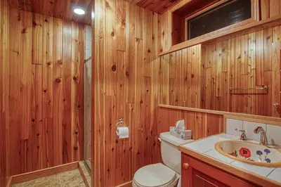 a bathroom with wooden walls and a toilet and a sink at Mountain Retreat, Panoramic Lake Views in Invermere