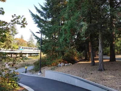 a walkway in a park with a street light and trees at Private Suite w King Bed, Ground Level, Naturally Bright in Vancouver