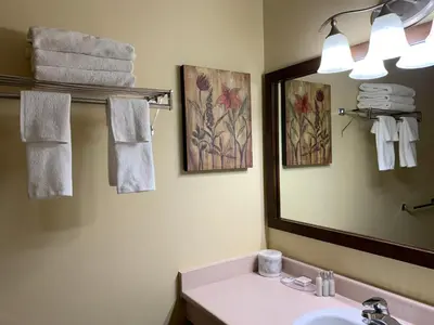 a bathroom with a sink and a mirror and towels at MountainView Hotel Merritt in Merritt