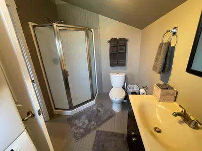 a bathroom with a shower and a toilet and a sink at Cozy loft in Upper Gibsons in Gibsons