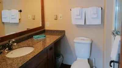 a bathroom with a sink and a toilet and a mirror at Woodhaven #19 by Bear Country in Sun Peaks