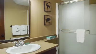 a bathroom with a sink and a shower with a mirror at Stones Throw #24 in Sun Peaks