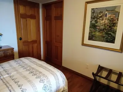 a bedroom with a bed and a painting on the wall at Hannie's Gasthuis in Blind Bay