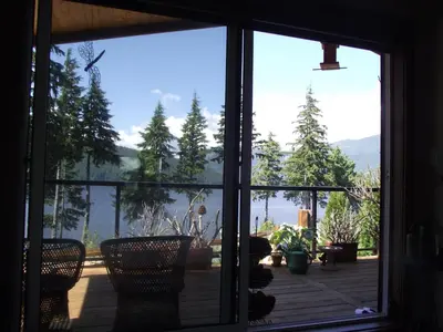 a view from a window of a patio with trees at Wild Coast Chalets in Port Renfrew