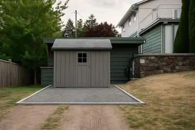 a garage with a door in front of a house at Hidden Oasis in Victoria, BC in Victoria
