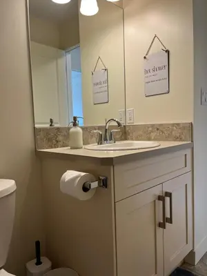 a bathroom with a sink and a mirror and a toilet at Perfect base Invermere 3bd townhouse mt views with garage in Invermere