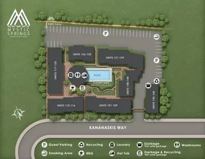 a rendering of a site plan for a park at Mount Rundle Hideaway - Pool Hot Tub in Canmore
