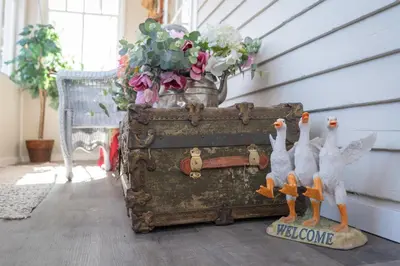 a group of birds sitting on top of a trunk at Craftsman's Loft - Heritage charm - AC - 5 min DT in Calgary