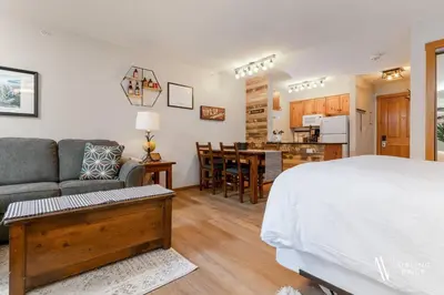 a bedroom with a bed and a couch and a kitchen at The Powder Nook, Hot Pools, Mile 1 Express Chair in Panorama