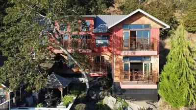 an aerial view of a house at Salishan Tree House Suite by EMR Vacation Rentals in Cowichan Bay