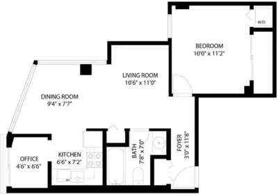 a floor plan of a house at 1BD+Den condo, with free parking in Downtown! in Vancouver
