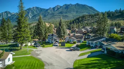 an aerial view of a small town with mountains at RidgeView Resort in Radium Hot Springs