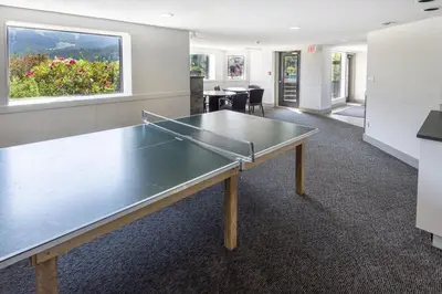 a ping pong table in a room with a table tennis at Ironwoods on Blueberry Hill by Whistler Blackcomb Vacation Rentals in Whistler
