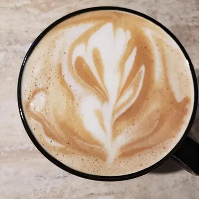 a cup of cappuccino with a leaf painted on it at Global Village Permaculture BnB in Oliver