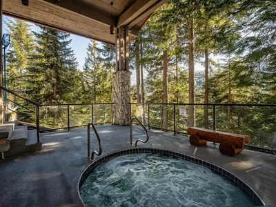 a hot tub in the middle of a room with trees at 2BR plus Loft, Modern and Spacious, Hot Tub and Sauna, Private Balcony, Fireplace in Whistler