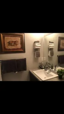 a bathroom with a sink and a mirror at Cozy and beautiful 3 bedroom house close to lake in Edmonton