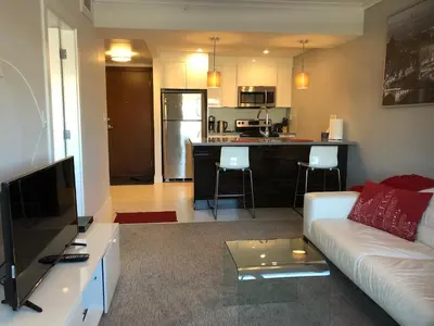 a living room with a couch and a kitchen at Amicable, Cozy, High Speed Internet, Sleeps 2 Riverview Downtown Apartment in Calgary