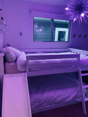 a purple room with a bunk bed and a mirror at Trendy Kensington 3 min Walk Backyard AC Garage in Calgary