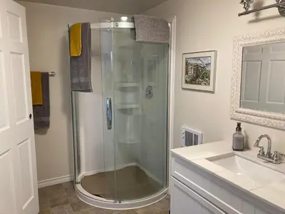 a bathroom with a shower and a sink at Battle Creek Ranch, Wells Gray Park in Clearwater