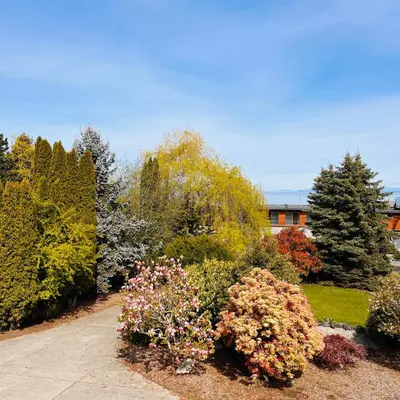 a garden with colorful bushes and trees and a building at Oceanside Manor - Ocean View in Qualicum Beach