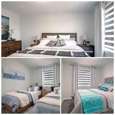 two pictures of a bedroom with a bed and a room with windows at Beautiful 3Bed-with AC-Close to Spruce Meadows & Mountains in Calgary